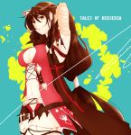  armor armpits belt black_hair blue_background braid breasts coat copyright_name lips long_hair navel simple_background skirt tales_of_(series) tales_of_berseria torn_clothes velvet_crowe 