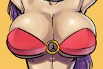  1girl armpits arms_up artist_request bare_shoulders breasts cleavage close-up dark_skin huge_breasts large_breasts navel purple_hair shantae shantae_(character) simple_background yellow_background 
