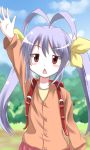  1girl ahoge alice360 antenna_hair backpack bag blush brown_eyes child female hair_ornament hair_ribbon highres long_hair looking_at_viewer miyauchi_renge non_non_biyori nyanpasu open_mouth plant pleated_skirt purple_hair randoseru ribbon shiny shiny_hair skirt sky solo standing straight_hair sweater tree triangle_mouth twintails 