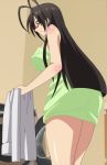  1girl ass back black_hair breasts earrings female green_eyes hasegawa_chisato jewelry large_breasts long_hair shinmai_maou_no_testament simple_background smile solo standing stitched towel 