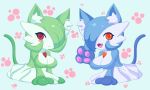  2girls alternate_color blue_hair blush_stickers breasts cat_ears cat_tail fang gardevoir green_hair highres jcdr large_breasts lucy_(jcdr) multiple_girls nougat_(jcdr) open_mouth orange_eyes paws pokemon red_eyes shiny_pokemon simple_background tail 