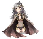  1girl ahoge breasts cape circlet cleavage cleavage_cutout covered_navel curly_hair fire_emblem fire_emblem_if grey_hair mimasho ophelia_(fire_emblem_if) simple_background smile solo thigh-highs 