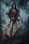  1girl amazon armor black_hair dawn_of_justice dc_comics dccu full_body gradient gradient_background hand_on_hip lasso pauldrons princess pteruges realistic shield standing sword tiara vambraces wonder_woman wonder_woman_(series) 