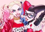  1girl alan_campos batman_(series) blue_eyes dc_comics dccu deviantart_thumbnail domino_mask dual_persona female harley_quinn lipstick makeup mask multiple_persona resized simple_background solo suicide_squad twintails 