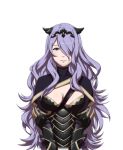  1girl blush breasts camilla_(fire_emblem_if) cleavage fire_emblem fire_emblem_if lavender_hair long_hair looking_at_viewer official_art simple_background smile solo upper_body violet_eyes 