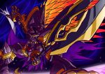  alphamon alphamon_ouryouken armor bandai battle cape claws digimon digimon_adventure_tri. full_armor gradient gradient_background kyūkyoku_senjin_ouryūken male_focus monster no_humans royal_knights shoulder_pads solo sword weapon wings 