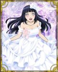  1girl bare_shoulders blush bow breasts cleavage dress gloves hair_bow happy hime_cut hyuuga_hinata jewelry lavender_eyes makeup naruto naruto_shippuuden necklace official_art purple_hair solo wedding_dress white_gloves 