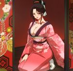  1girl black_hair blush breasts brown_eyes cleavage female fuuun_ishin_dai_shogun gradient gradient_background highres japanese_clothes kimono large_breasts lipstick long_hair makeup red_lipstick screencap sitting solo stitched tagme 