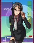  1girl adjusting_glasses animeflux black_hair cowboy_shot female glasses necktie office_lady solo 