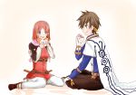  1boy 1girl belt blue_eyes blush breasts brown_hair capelet earrings eating feathers food gloves gradient gradient_background green_eyes hair_ornament hood jacket jewelry open_mouth pants redhead rose_(tales) scarf shoes short_hair sorey_(tales) tales_of_(series) tales_of_zestiria weapon 