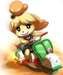  1girl animal_ears blonde_hair blush dagashi_(daga2626) doubutsu_no_mori furry gradient gradient_background ground_vehicle hair_ornament happy mario_kart mario_kart_8 motor_vehicle nintendo scooter shizue_(doubutsu_no_mori) smile solo sticker vehicle vespa 