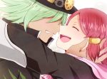  1boy 1girl blush breasts closed_eyes coat dezel_(tales) gradient gradient_background green_hair hair_ornament hat hood jacket open_mouth redhead rose_(tales) short_hair tales_of_(series) tales_of_zestiria 