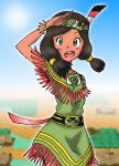  1girl brown_hair dark_skin gradient gradient_background green_eyes headband low_twintails native_american open_mouth personification pokemon pokemon_(game) smile solo twintails xatu 