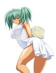  00s 1girl back breasts dark_skin dress female flower green_eyes green_hair ikkitousen large_breasts long_hair looking_at_viewer official_art ryofu_housen smile solo standing tiara twintails white_background white_dress 