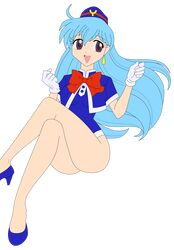  1girl 90s absurdres aqua_hair blue_shoes breasts dress female hat highres hips legs legs_crossed long_hair no_panties photoshop shoes short_dress simple_background smile solo stewardess tenjouin_katsura thighs vector_trace violet_eyes yat_anshin_uchuu_ryokou 