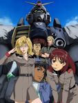  2boys 3girls anish_lofman annie_brevig black_hair blonde_hair blue_eyes brown_eyes brown_hair crossed_arms dark_skin earth_federation glasses gloves green_eyes ground_gundam gundam gundam_lost_war_chronicles hat headset larry_radley mecha military military_uniform multiple_boys multiple_girls noel_anderson official_art rachel_milsteen salute uniform 