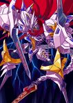  armor artist_request claws digimon gauntlets gold gradient gradient_background horns jesmon monster no_humans red_cape royal_knights shoulder_pads sword tail torn_cape weapon yellow_eyes 