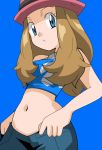  1girl blue_eyes brown_hair hainchu navel nintendo pokemon serena_(pokemon) simple_background solo 