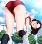  1girl absurdres ass bent_over blush brown_eyes brown_hair buruma clouds from_behind gradient gradient_background gym_uniform highres leaning_forward legs open_mouth original outdoors shiny shiny_skin shoes short_hair sky sneakers socks solo thighs tree yadokari_genpachirou 
