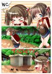  &gt;_&lt; blue_eyes blush brown_hair child closed_eyes open_mouth skirt sweat tied_hair toilet twintails 