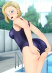  1girl absurdres adjusting_clothes adjusting_swimsuit android_18 ass back blonde_hair blue_eyes blush breasts dragon_ball dragonball_z earrings female from_behind highres jewelry large_breasts legs looking_back open_mouth pool short_hair sideboob solo standing surprised swimsuit thighs water yadokari_genpachirou 