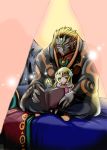  10s 1boy 1girl 2015 artist_request beard bed blonde_hair blue_eyes book dark_skin dated empty_eyes facial_hair ganondorf gradient gradient_background long_hair nintendo pointy_ears princess_zelda reading redhead sitting sitting_on_lap sitting_on_person size_difference spoilers the_legend_of_zelda the_legend_of_zelda:_the_wind_waker tiara 