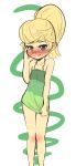  1girl blonde_hair blue_eyes blush child cindy_vortex covering covering_crotch embarrassed green_shirt hand_on_own_face jimmy_neutron knees_touching no_pants okamaka ponytail shirt shirt_pull simple_background solo standing white_background 