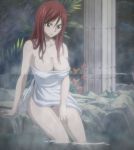  1girl bath blush breasts brown_eyes cleavage erza_scarlet fairy_tail female highres large_breasts long_hair redhead screencap solo stitched tattoo towel water 
