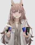  1girl absurdres animal_ears bags_under_eyes brand_name_imitation brown_eyes brown_hair brown_shirt cat_ears cigarette coffee_cup cup disposable_cup drink energy_drink gar32 girls_frontline highres holding holding_drink id_card jacket long_sleeves monster_energy persica_(girls&#039;_frontline) product_placement red_bull shirt smoking solo starbucks white_background white_jacket 