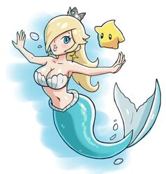  1girl artist_request blonde_hair blue_eyes chiko_(mario) crown gradient gradient_background long_hair mermaid monster_girl navel nintendo rosetta_(mario) solo super_mario_bros. super_mario_galaxy water 