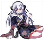  1girl bare_shoulders blush breasts drunk female hair_between_eyes hair_ornament japanese_clothes kimono long_hair open_mouth red_eyes rozen_maiden silver_hair sitting solo solo_focus suigintou tongue white_background 