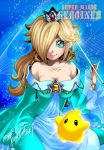  1girl bare_shoulders blonde_hair breasts chiko_(mario) crown dress earrings gloves hair_over_one_eye jewelry long_hair long_sleeves looking_at_viewer nail_polish nintendo rosetta_(mario) smile star super_mario_bros. super_mario_galaxy wand 