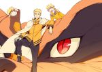  age_progression bandaged_arm cape forehead_protector fox kurama_(naruto) multiple_persona naruto naruto_gaiden naruto_shippuuden red_eyes simple_background spiky_hair uzumaki_naruto whiskers xia_(ryugo) 