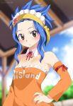  1girl blue_hair blush breasts brown_eyes dress fairy_tail female gaston18 hand_on_hip levy_mcgarden looking_at_viewer parted_lips short_hair small_breasts solo standing 
