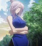  1girl asu_no_yoichi breasts clouds dress female hair_over_one_eye highres large_breasts purple_hair red_eyes screencap smile solo stitched takatsukasa_angela 