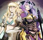  armor artist_request axe blonde_hair blue_eyes blush bow breasts camilla_(fire_emblem_if) charlotte_(fire_emblem_if) fire_emblem fire_emblem_if gloves hair_over_one_eye hair_ribbon large_breasts long_hair looking_at_viewer nipple_slip nipples panties purple_hair ribbon smirk tagme underwear weapon 