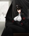  1girl animal_ears breasts erect_nipples female grin hat large_breasts less looking_at_viewer map military military_uniform monster_girl nazi riding_crop sitting smile solo tail uniform yellow_eyes 