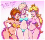  3girls bebecake bikini blonde_hair blue_eyes brown_hair crown girl_sandwich gradient gradient_background jewelry long_hair multiple_girls nintendo princess_daisy princess_peach rosetta_(mario) sandwiched short_hair super_mario_bros. super_mario_galaxy super_mario_land swimsuit 