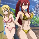  2girls bikini blonde_hair breasts brown_eyes cleavage erza_scarlet fairy_tail female highres large_breasts long_hair lucy_heartfilia multiple_girls navel ponytail pose redhead screencap stitched swimsuit tattoo under_boob 