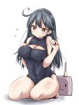  1girl :3 ahoge black_hair blush breasts brown_eyes cleavage_cutout erect_nipples female flying_sweatdrops fuyu_mi kantai_collection large_breasts long_hair machinery seiza simple_background sitting solo swimsuit turret ushio_(kantai_collection) 