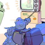  aliasing box gouf gundam heat_rod indoors matagitii mecha mikan_box mobile_suit_gundam no_humans spikes startled surprised television whip zaku zaku_ii 