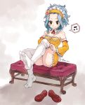  blue_hair blush brown_eyes fairy_tail feet flower gradient gradient_background headdress levy_mcgarden music ribbon rusky shoes_removed short_hair smile thigh-highs waitress 