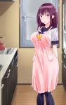  1girl apron arms_behind_back black_legwear blush breasts female highres kitchen large_breasts legs long_hair looking_at_viewer nabesekizaiten purple_hair red_eyes school_uniform solo standing thighs window 