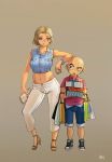  android_18 bag bald blonde_hair bracelet dragon_ball dragonball_z gradient gradient_background high_heels husband_and_wife jewelry kuririn midriff nacasio nail_polish navel shoes shopping_bag short_hair size_difference sneakers 