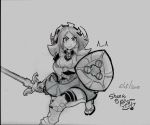  1girl armor monochrome original shield solo sword thigh-highs traditional_media weapon 