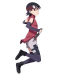  1girl arm_warmers black_eyes black_hair boruto:_the_movie child forehead_protector full_body glasses kunai looking_at_viewer naruto official_art shorts simple_background solo thigh-highs toeless_legwear uchiha_sarada weapon 