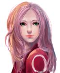  10s 1girl 2015 artist_name expressionless green_eyes haruno_sakura lips long_hair looking_to_the_side naruto pink_hair realistic red_shirt shirt simple_background smile solo ukirit upper_body white_background 