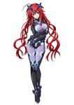  1girl ahoge blue_eyes bodysuit breasts choujigen_game_neptune female high_school_dxd large_breasts long_hair neptune_(series) official_art redhead rias_gremory simple_background skin_tight smile solo standing thigh_gap 
