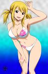  1boy 1girl bikini blonde_hair breasts brown_eyes cleavage fairy_tail gradient gradient_background large_breasts lucy_heartfilia natsu_dragneel navel open_mouth swimsuit tattoo teeth 