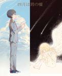  1boy 1girl angel_wings arima_kousei black_hair blonde_hair clouds copyright_name falling_star glasses letter long_hair miyazono_kawori school_uniform shigatsu_wa_kimi_no_uso sky space spoilers wings 